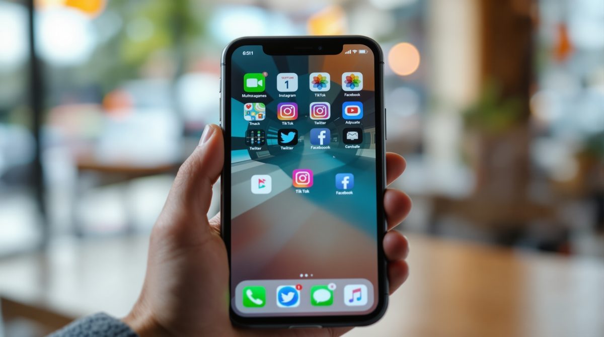 Smartphone mit Social-Media-Apps – Instagram, TikTok, Twitter und Facebook – in einer Hand