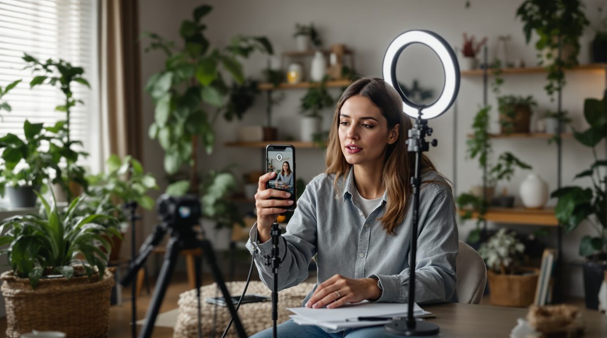 Content Creator filmt ein kurzes Video mit Ringlicht und Smartphone-Stativ für Social Media