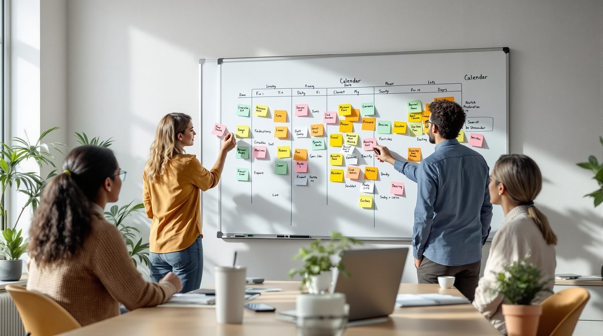 Team plant Social-Media-Strategie an einem Whiteboard mit Redaktionskalender