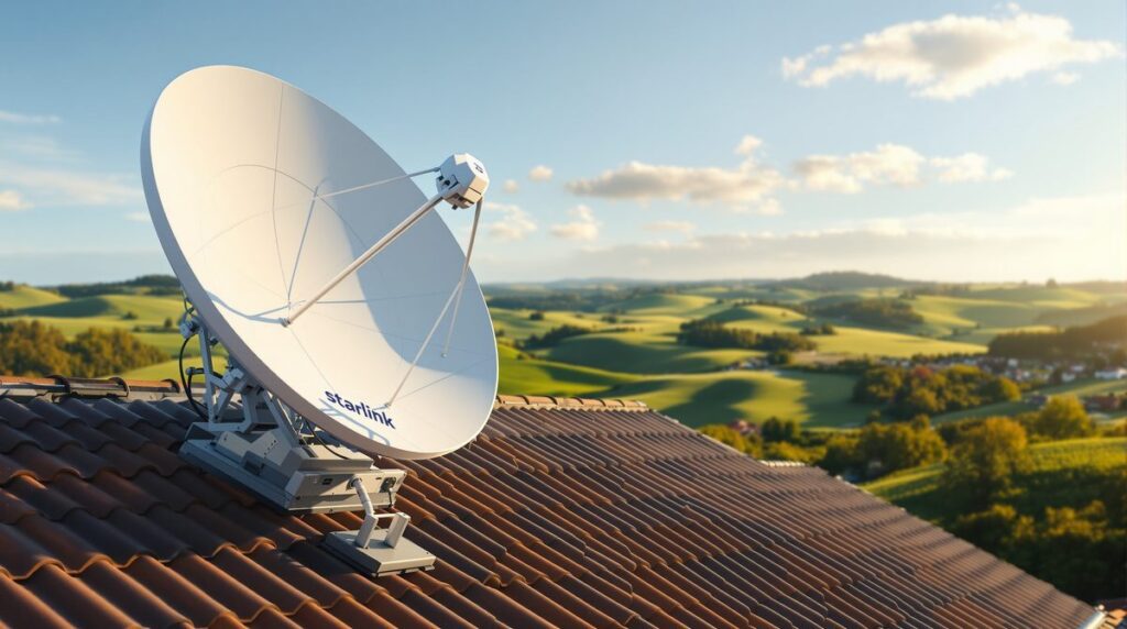Starlink-Satellitenschüssel auf einem Dach in ländlicher Umgebung