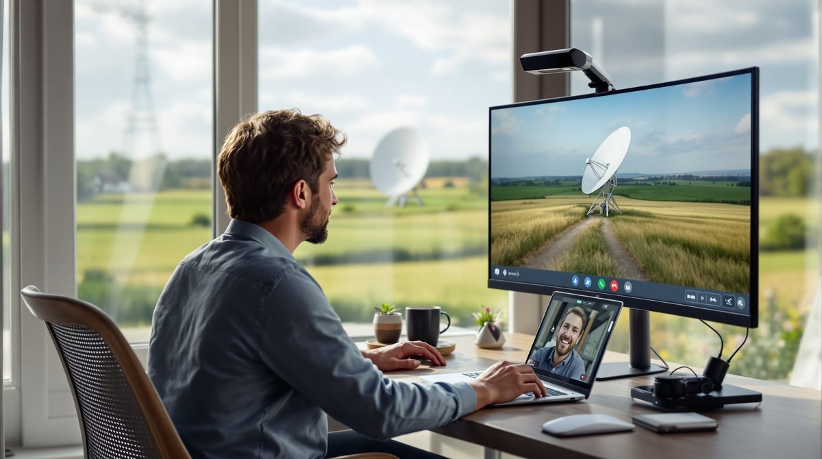 Person im Homeoffice mit stabiler Starlink-Verbindung für Videokonferenzen