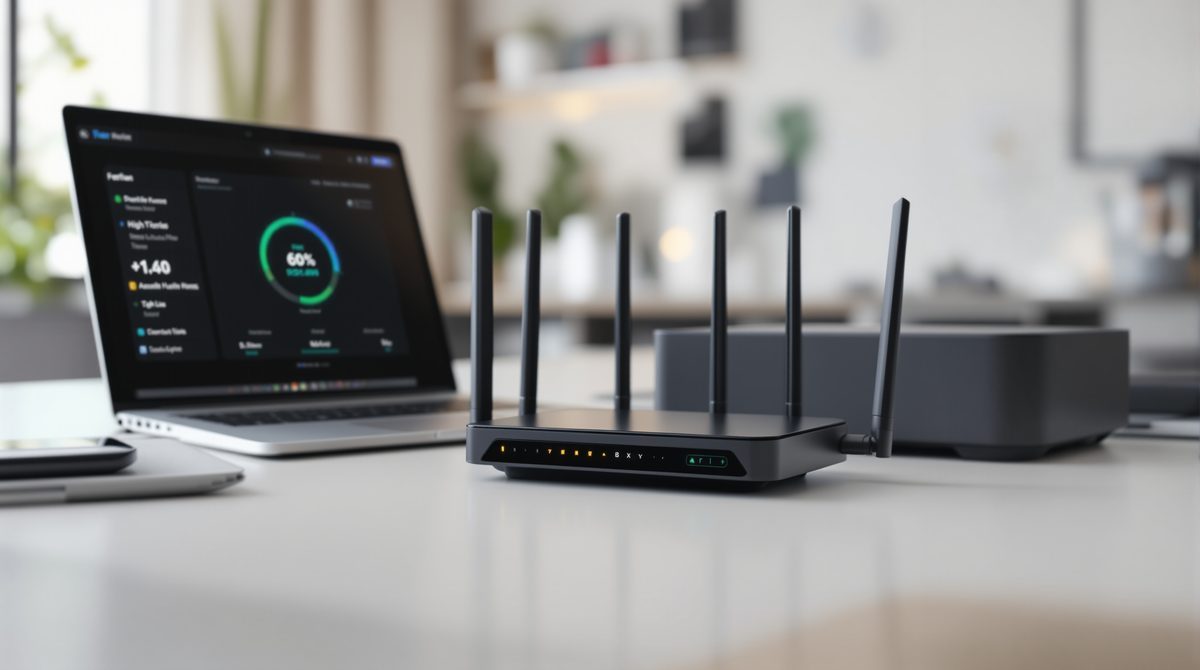 Starlink Router und Speedtest-Ergebnisse auf einem Laptop im Homeoffice