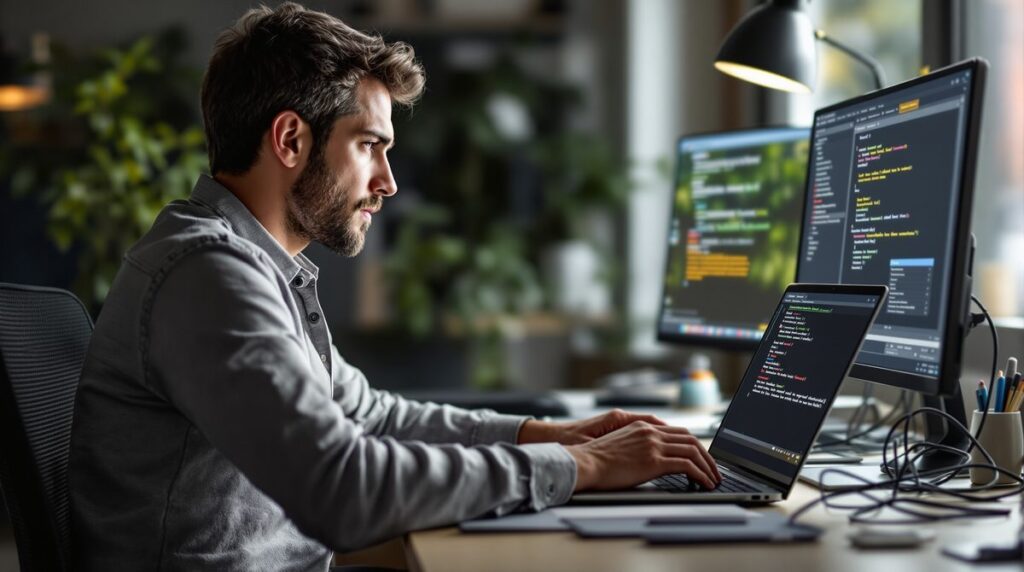 Technik Probleme lösen – Person analysiert Fehler am Laptop im Homeoffice