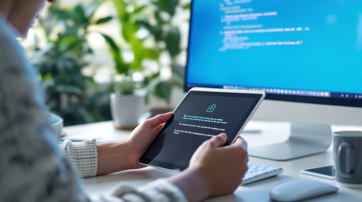 Technik Probleme lösen – Schritt-für-Schritt-Anleitung auf Tablet neben Computer mit Bluescreen