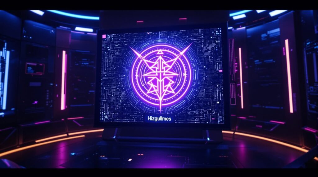Hizgullmes – mystisches digitales Symbol auf holografischem Bildschirm in futuristischer Umgebung