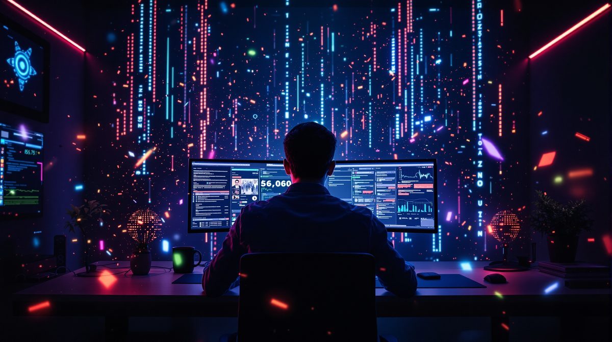 Person recherchiert Netzkultur-Konzepte an modernem Schreibtisch mit Neon-Beleuchtung und digitalen Datenvisualisierungen