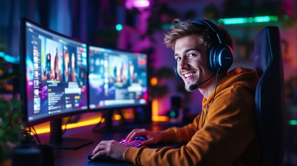 Junger Gaming-Streamer an einem professionellen Streaming-Setup mit Headset und Doppelmonitor