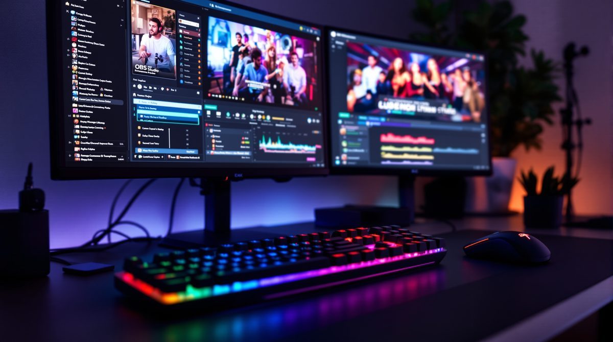 Professionelles Streaming-Setup mit Mikrofon, Webcam und RGB-Beleuchtung