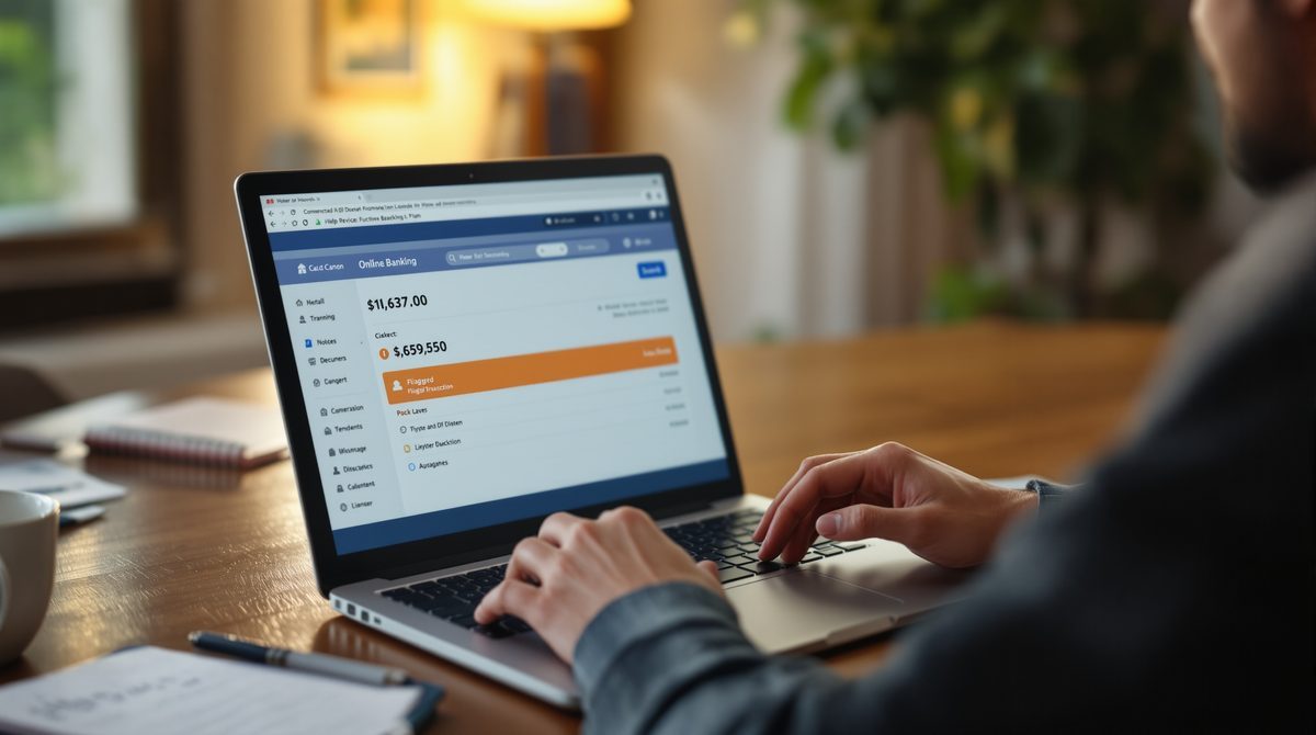 Person telefoniert mit der Bank wegen unbekannter Kontoabbuchung und notiert sich Informationen