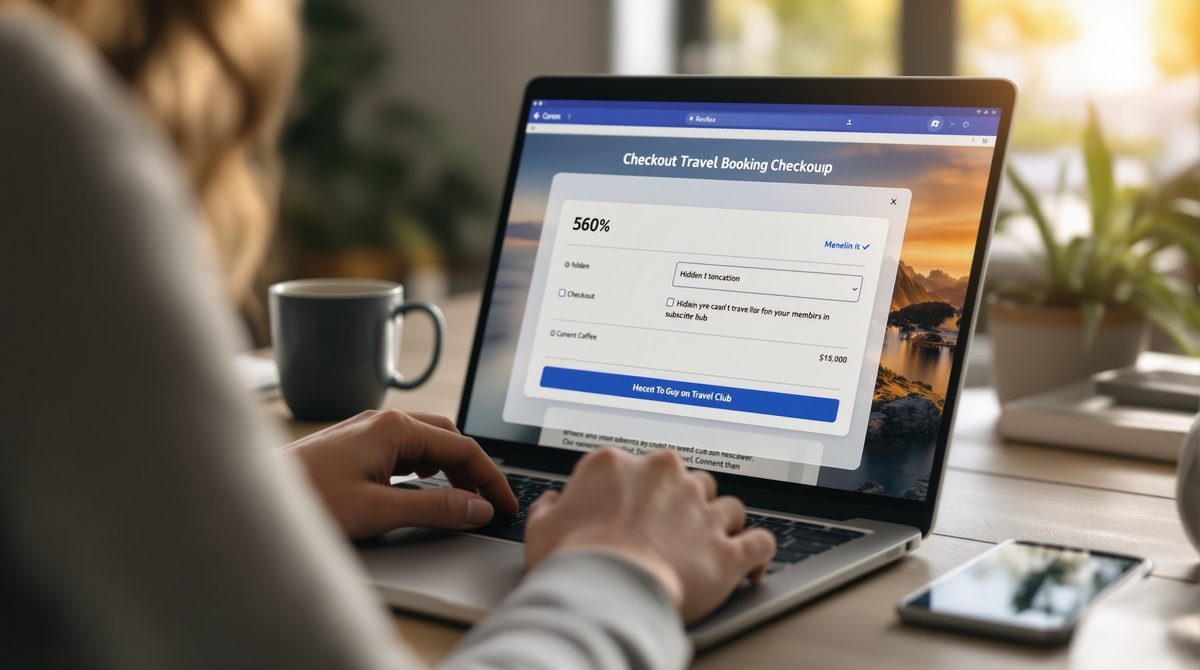 Frau am Laptop prüft Online-Buchungsformular mit vorausgewählter Abo-Option beim Reisebüro