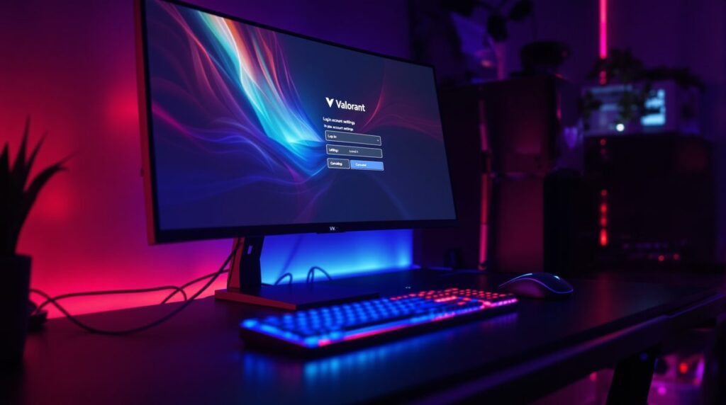 Gaming-Setup mit Valorant Account-Portal auf dem Monitor zur Namensänderung
