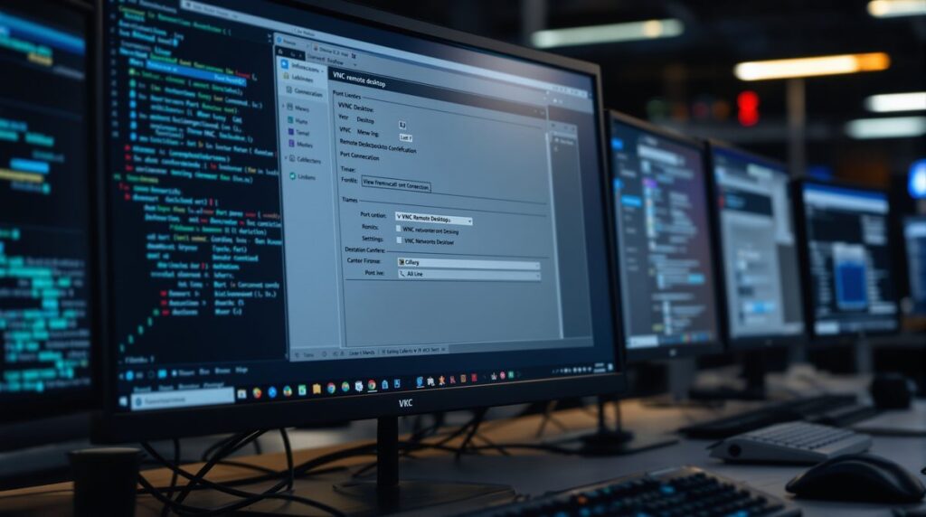 VNC Port Konfiguration auf Computerbildschirm mit Terminal und Netzwerkeinstellungen