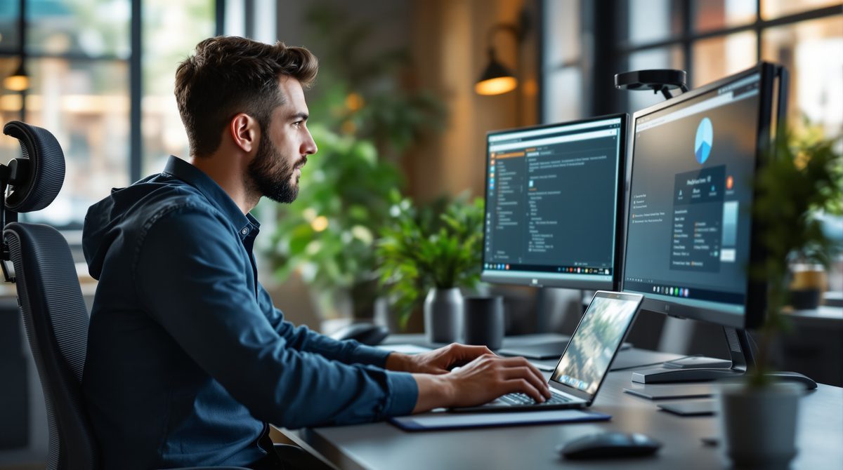 IT-Administrator steuert Remote-Desktop per VNC-Software an modernem Arbeitsplatz
