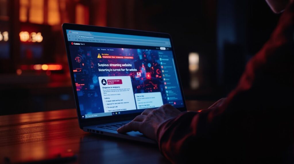 Person sitzt besorgt vor einem Laptop mit einer verdächtigen Streaming-Website – Warning About Kopmatelatv