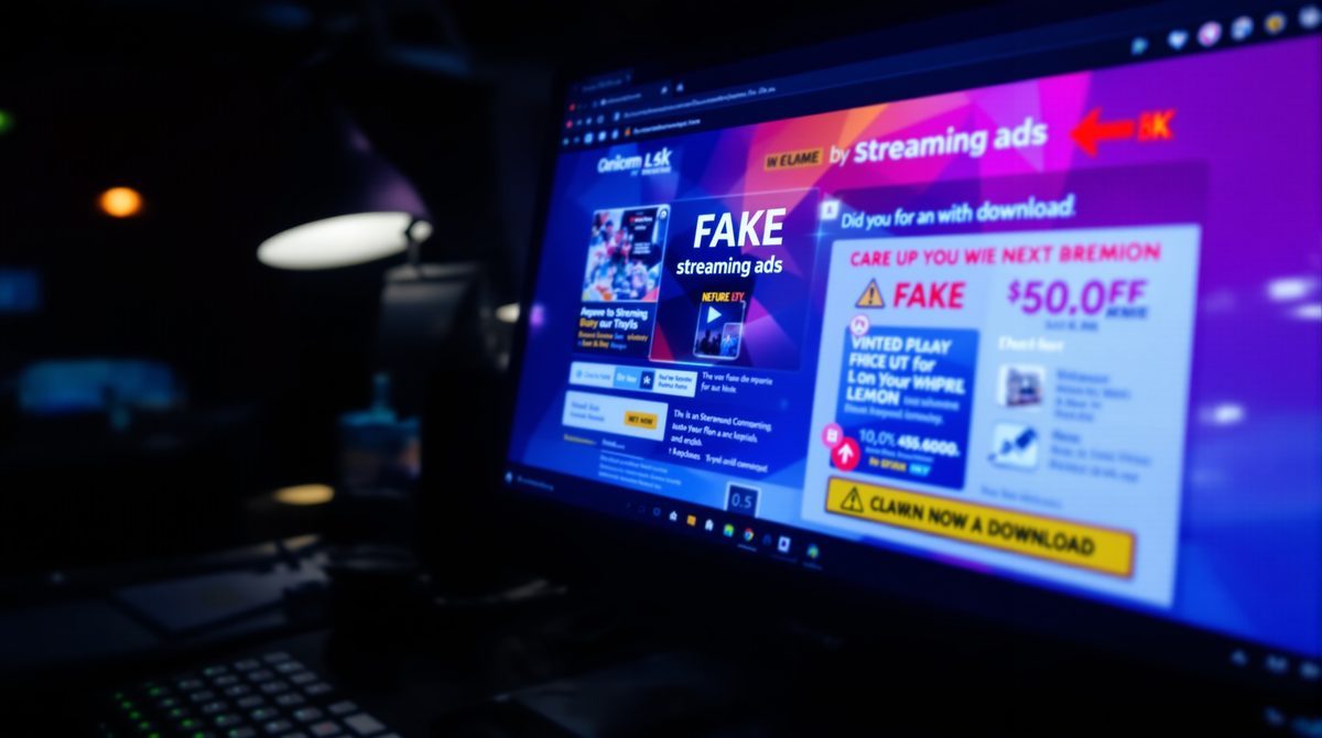 Computerbildschirm zeigt gefälschte Streaming-Website mit Pop-up-Werbung und gefälschten Buttons