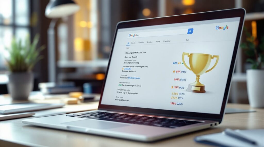 SEO-Contest Übersicht: Laptop zeigt Google-Suchergebnisse mit Ranking-Badges und Pokal