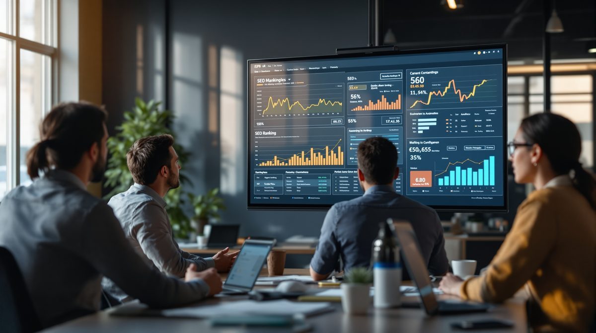 SEO-Team analysiert gemeinsam Ranking-Daten während eines SEO-Contests
