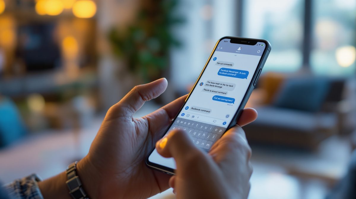 Smartphone mit Facebook Messenger und Slash-Befehl im Eingabefeld
