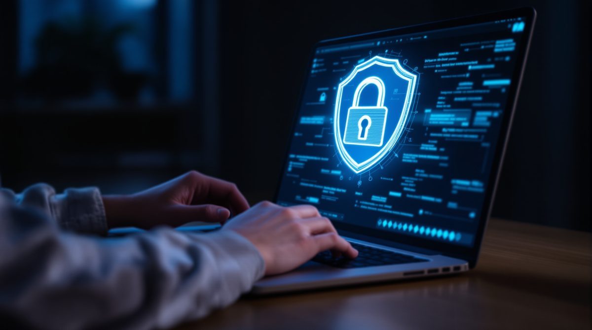 Datenschutz beim Browser: Schutzschild-Symbol auf Laptop-Bildschirm