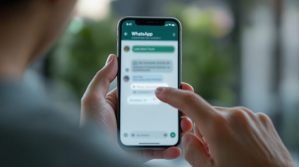 Person hält Smartphone mit WhatsApp-Chatliste und verbirgt einen Chat per Chatsperre
