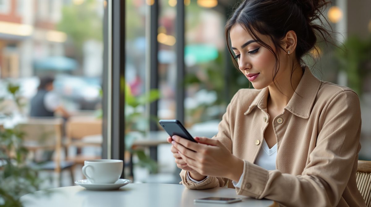 Frau nutzt WhatsApp Datenschutzeinstellungen auf Smartphone im Café