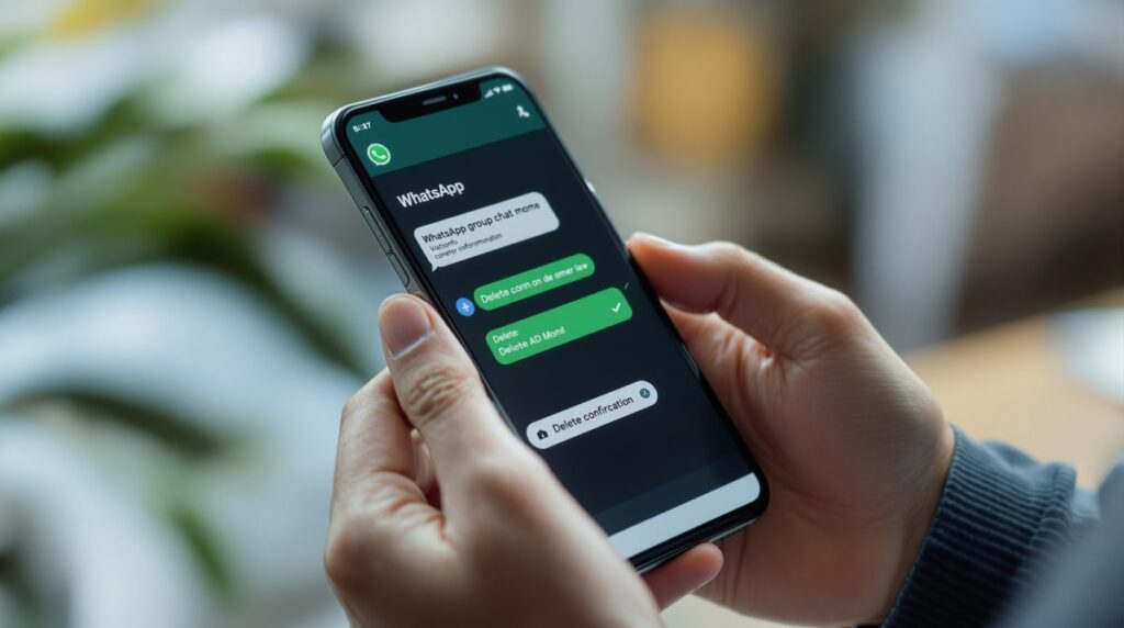 Person hält Smartphone mit WhatsApp-Gruppenansicht und Lösch-Dialog auf dem Display