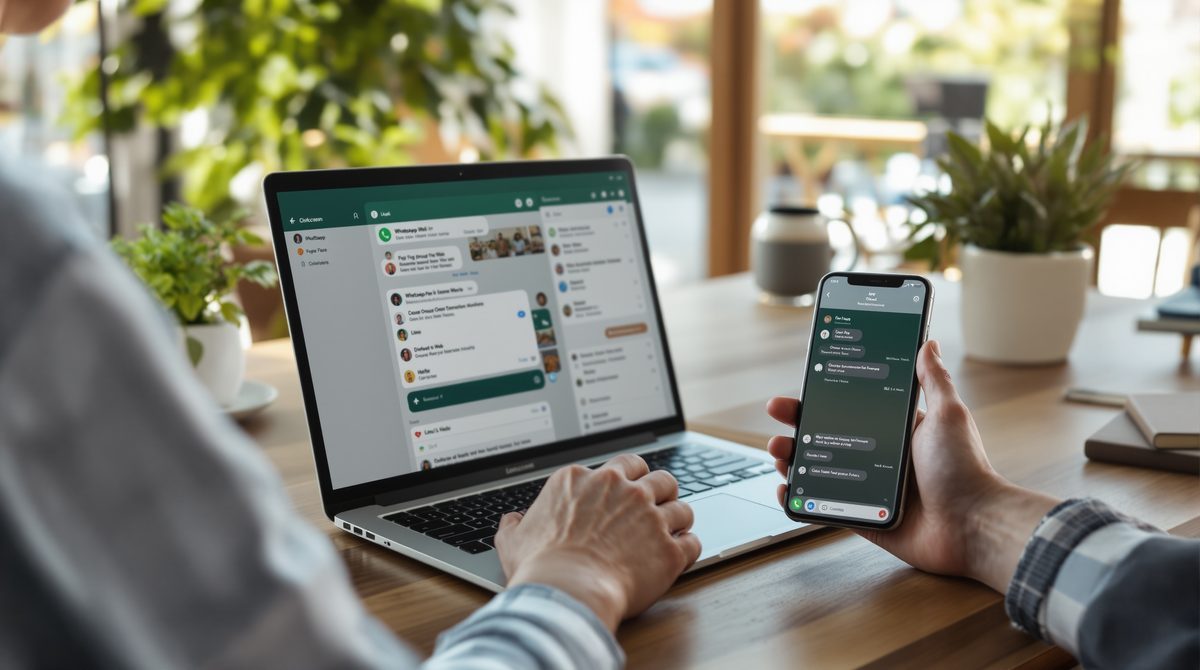 Person am Schreibtisch nutzt Laptop mit WhatsApp Web und Smartphone nebeneinander zum Verwalten von Gruppen