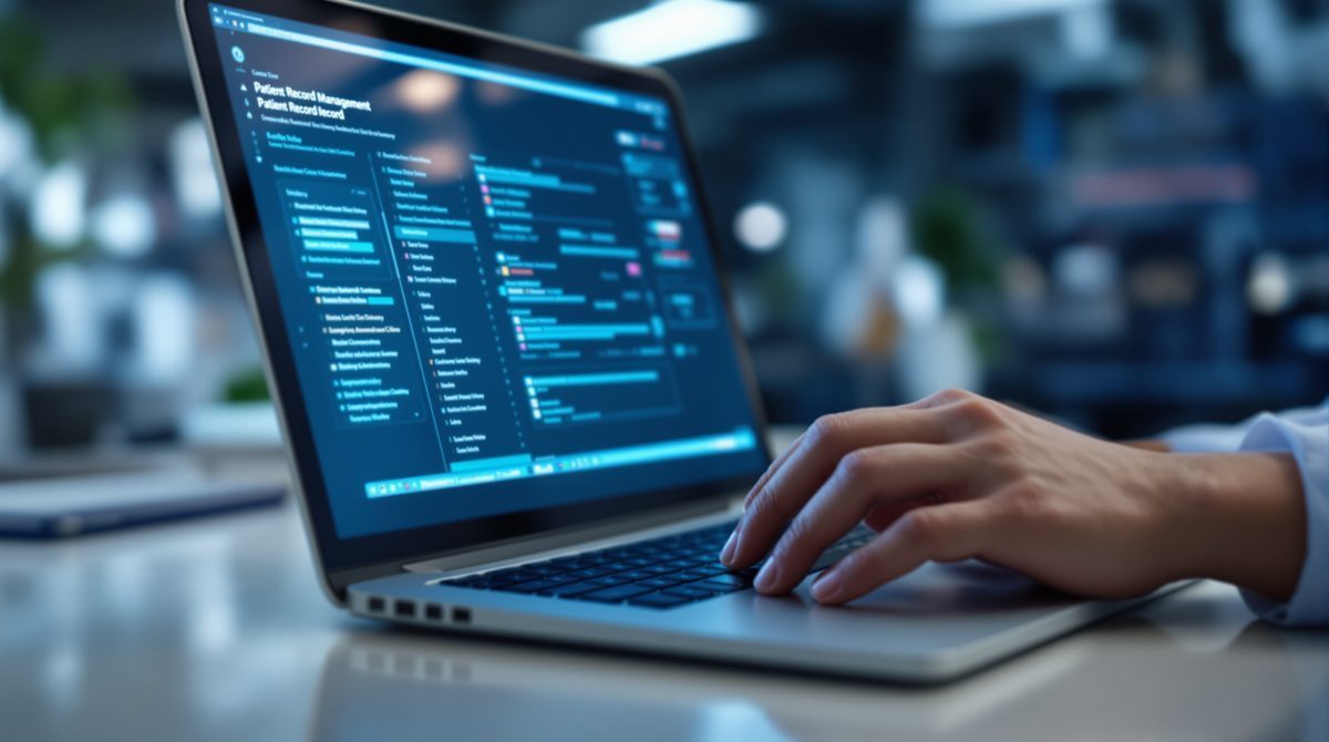 Hände einer medizinischen Fachkraft auf einer Laptop-Tastatur mit digitalem Patientenakten-System