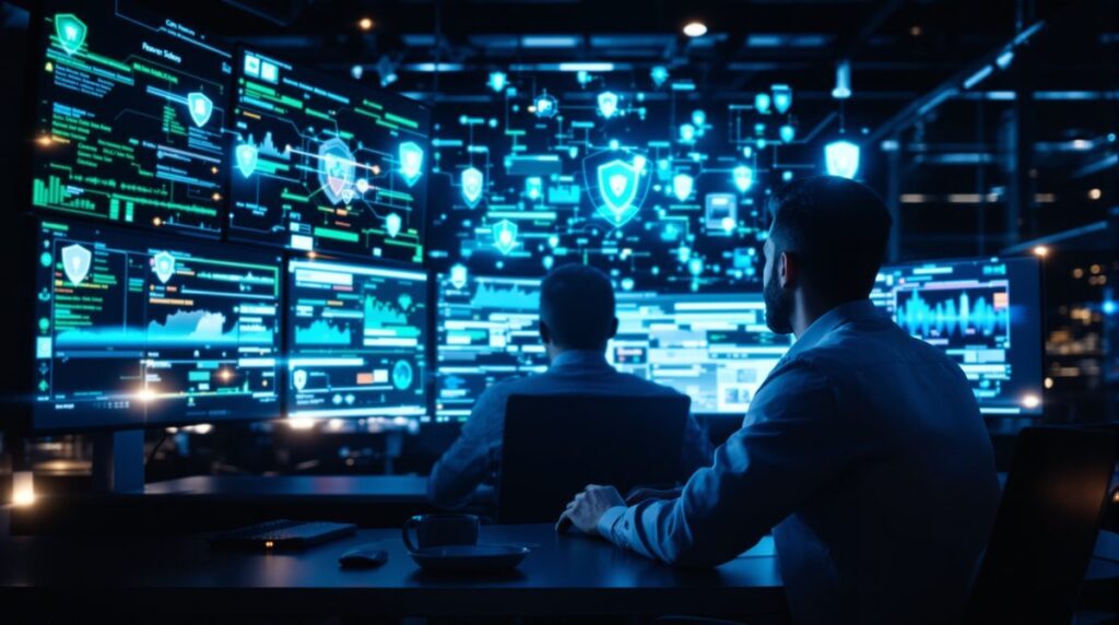 Cybersicherheits-Experte überwacht digitale Sicherheitssysteme in einem modernen Serverraum