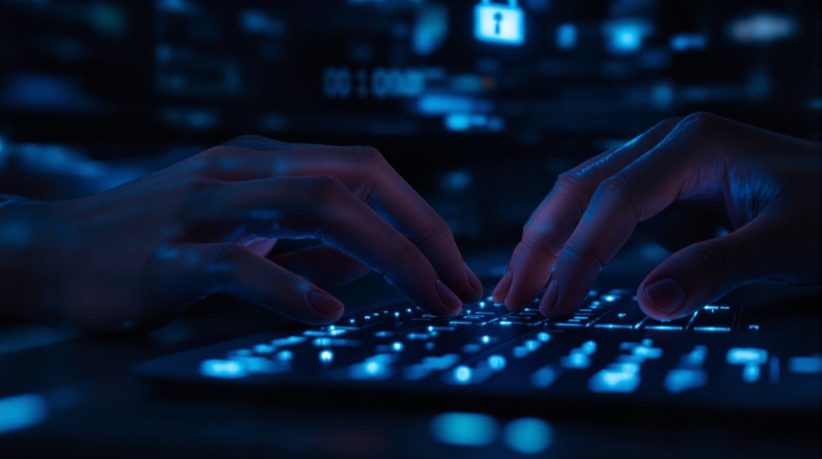 Hände auf Tastatur mit leuchtendem Schloss-Symbol — Symbolbild für digitale Schutzmaßnahmen