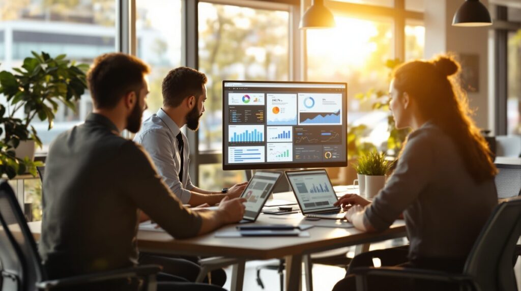 Digitalisierung KMU: Team arbeitet mit digitalen Dashboards und Business-Software im modernen Büro