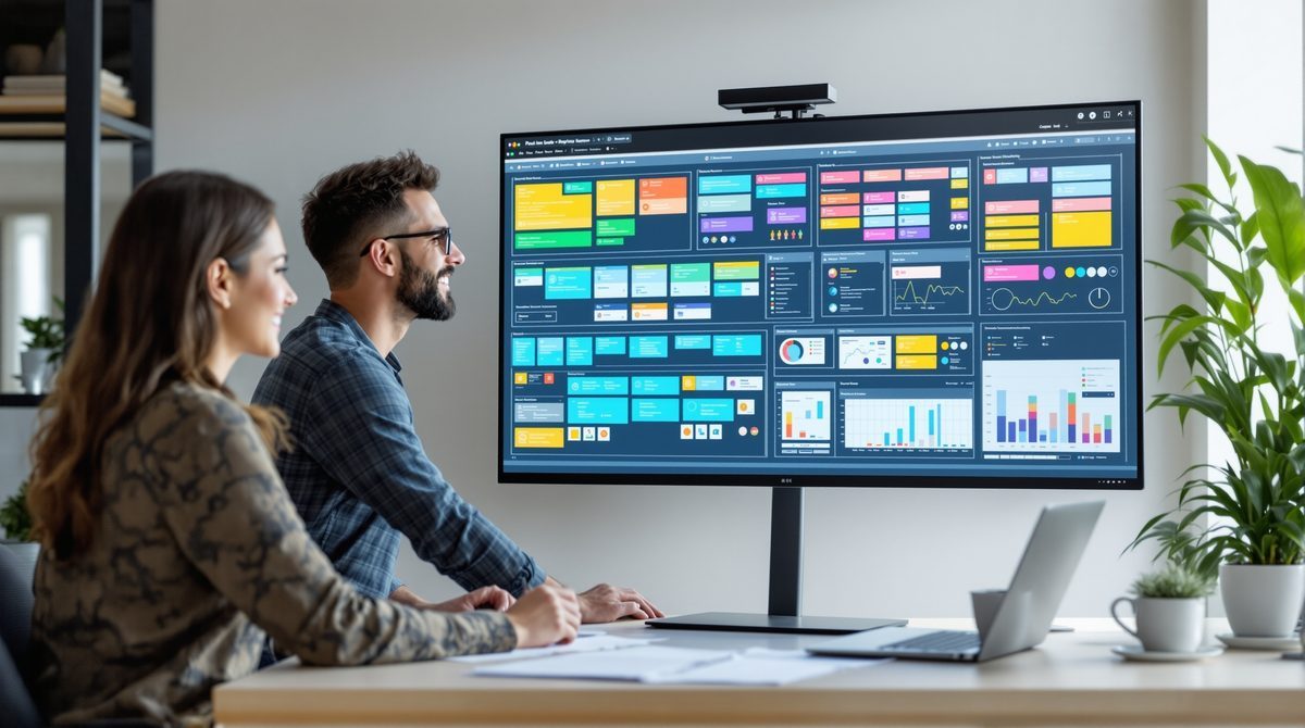 Team nutzt digitales Projektmanagement-Board im Büro