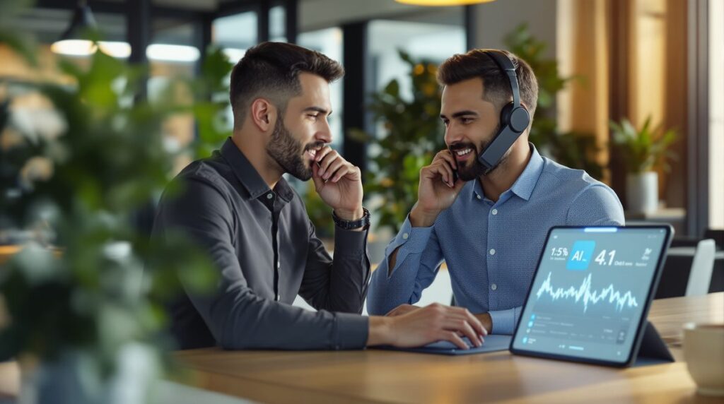KI-Telefonassistent im Einsatz: Unternehmerin an der Rezeption, Tablet zeigt Voice-Agent-Interface