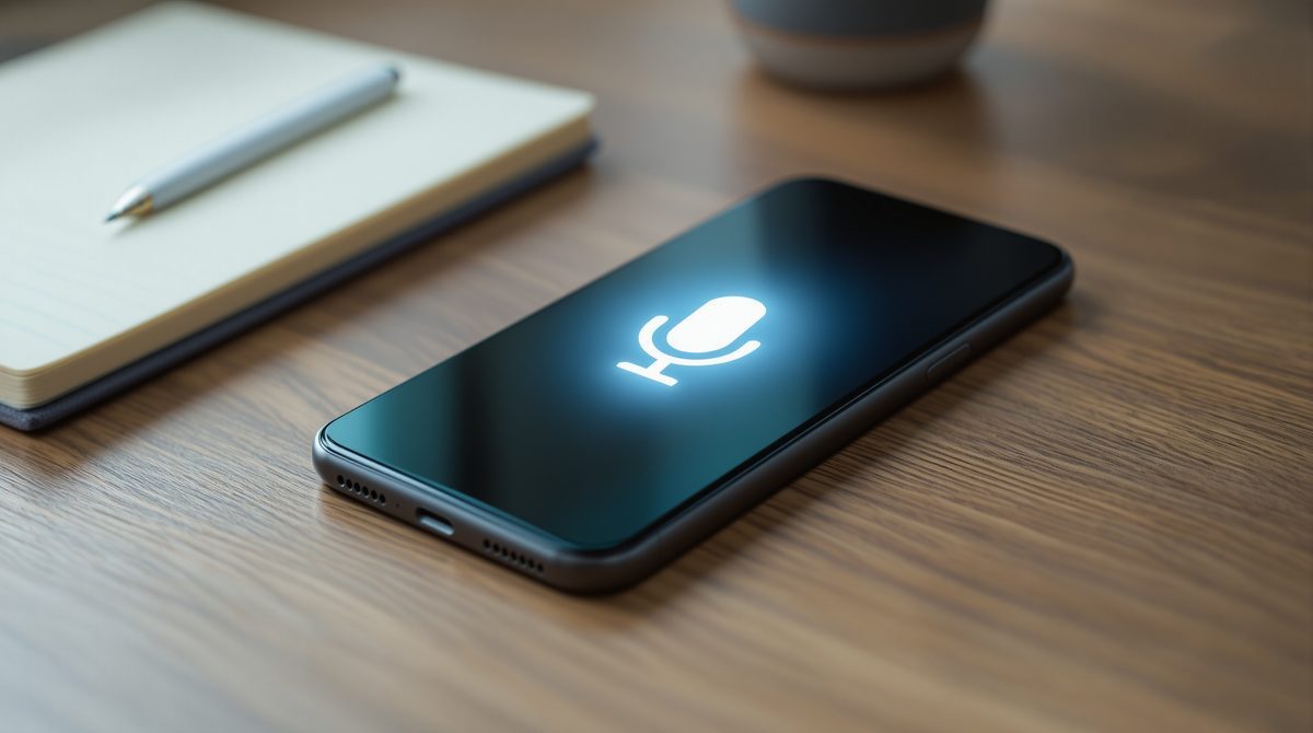 Smartphone auf Holztisch mit leuchtendem Mikrofon-Symbol, KI-Telefonassistent nimmt Anruf entgegen
