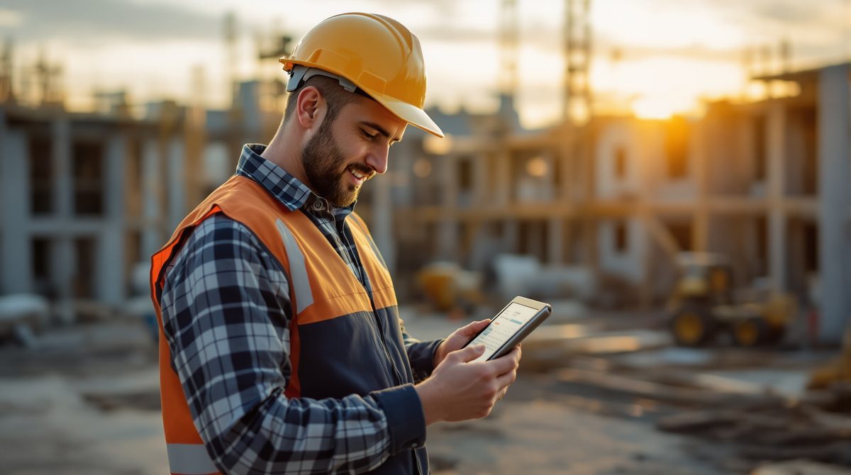 Handwerker auf Baustelle prüft Kalender auf Tablet, KI-Telefonassistent fängt Anrufe während der Arbeit ab