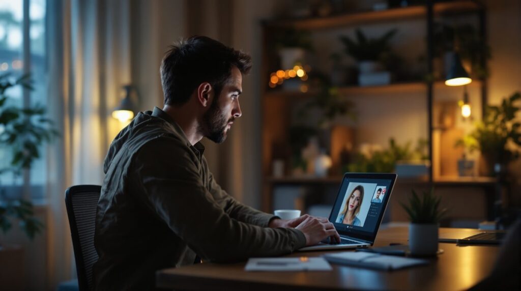 Person prüft ein verdächtiges Online-Dating-Profil auf dem Laptop — Love Scamming Bilder prüfen