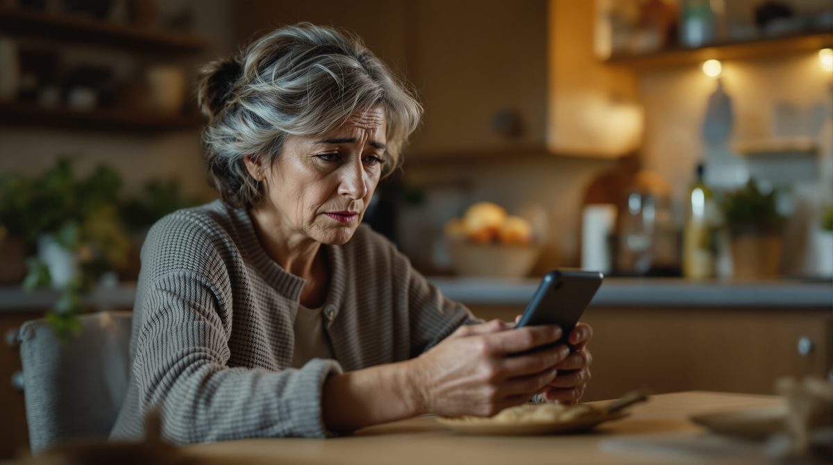 Frau schaut besorgt auf ihr Smartphone mit einer verdächtigen Dating-Nachricht