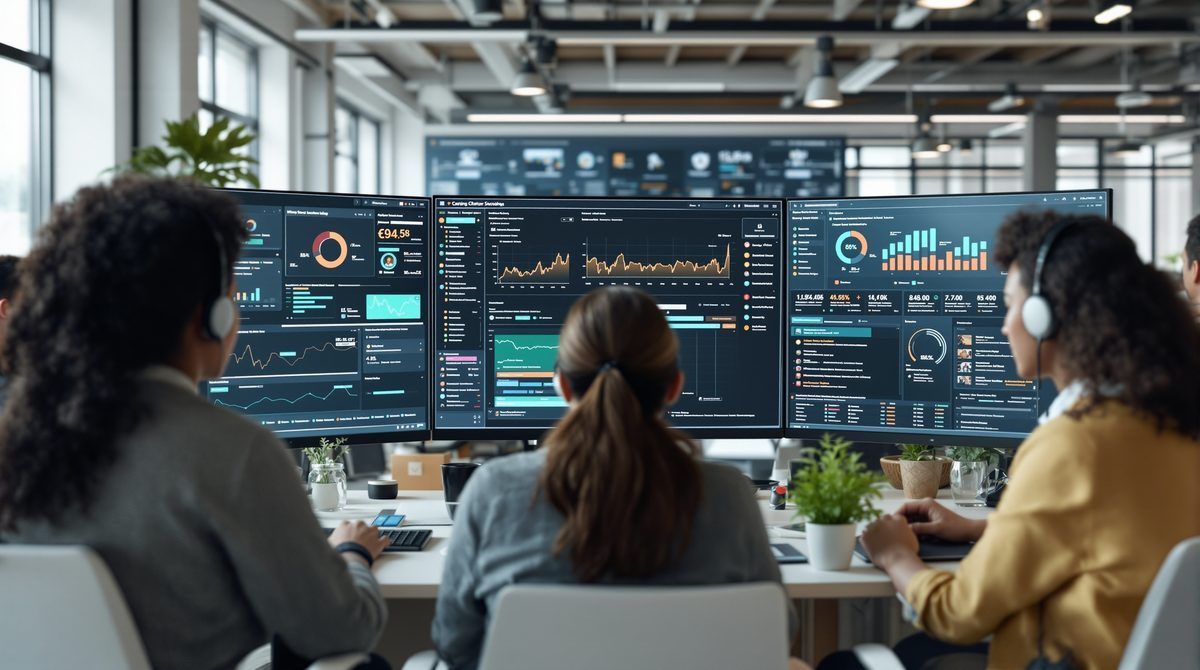 Kundenservice-Team überwacht WhatsApp-Chatbot-Analytik im Büro