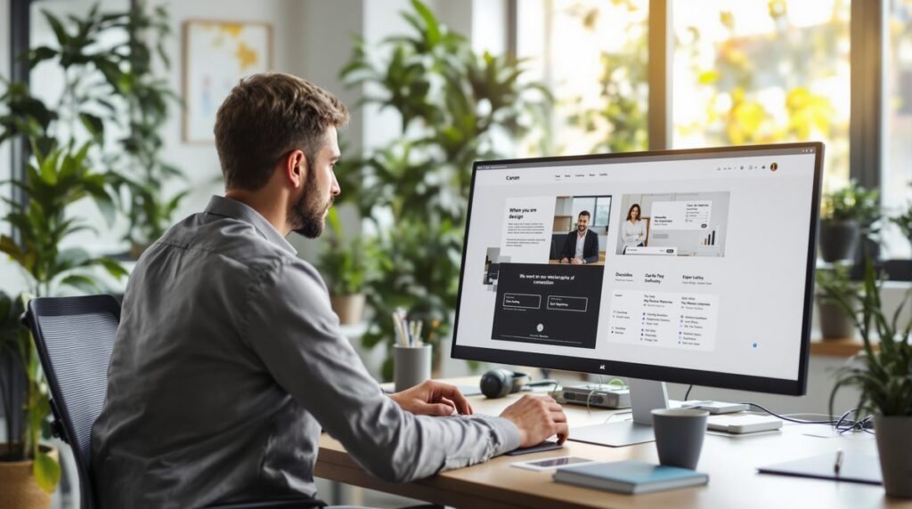 Professioneller Webdesigner überprüft modernes Website-Layout am Desktop-Monitor im hellen Büro