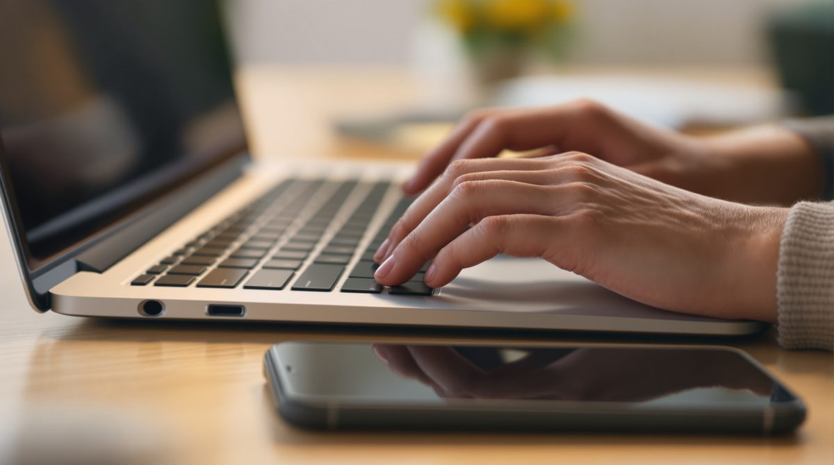Hände tippen auf Laptop-Tastatur neben Smartphone auf Schreibtisch