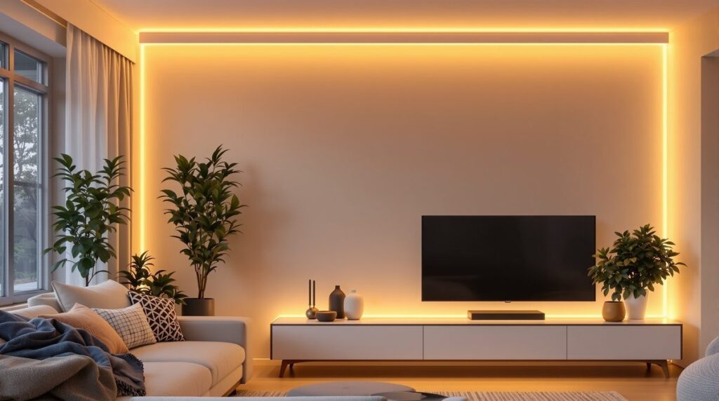 Smarte LED-Streifen im Wohnzimmer hinter TV und an Deckenunterkante