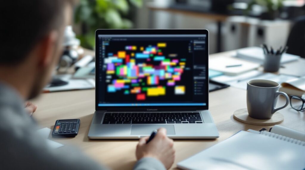 Schreibtisch mit Laptop und unscharfem Bildschirm als Sinnbild für einen Angebotskonfigurator