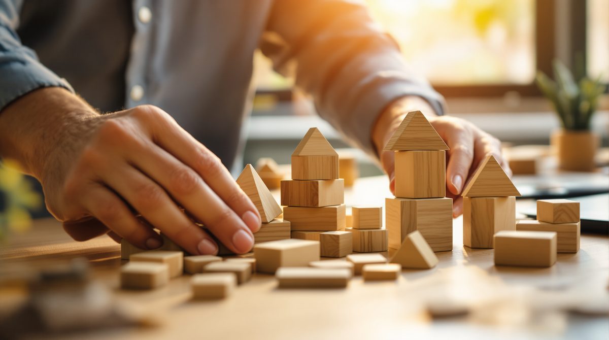 Hände ordnen geometrische Holzbausteine auf einem Schreibtisch als Sinnbild für modulare Produktkonfiguration