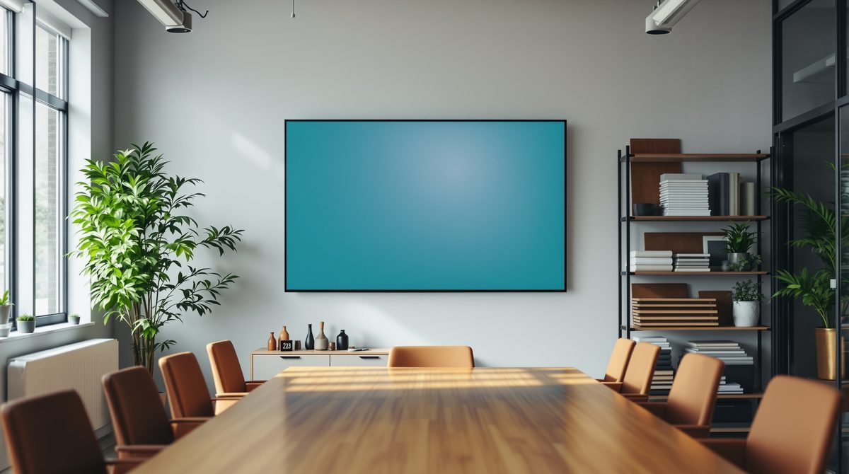 Leerer Besprechungsraum mit großem Touch-Display an der Wand und Materialproben auf einem Regal