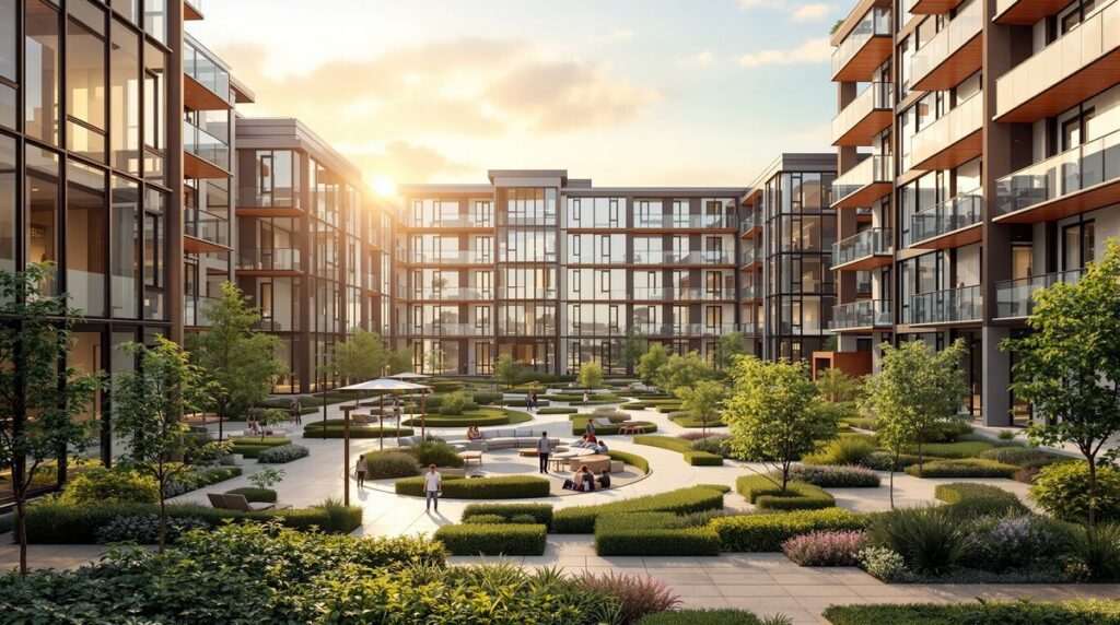 Architekturvisualisierung eines modernen Gebäudekomplexes mit Glasfassade