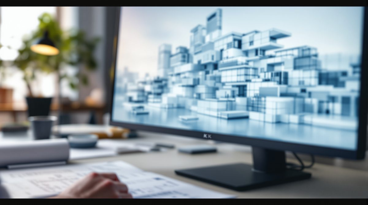 Arbeitsplatz mit 3D-Modell und Architekturzeichnungen für Architekturvisualisierung