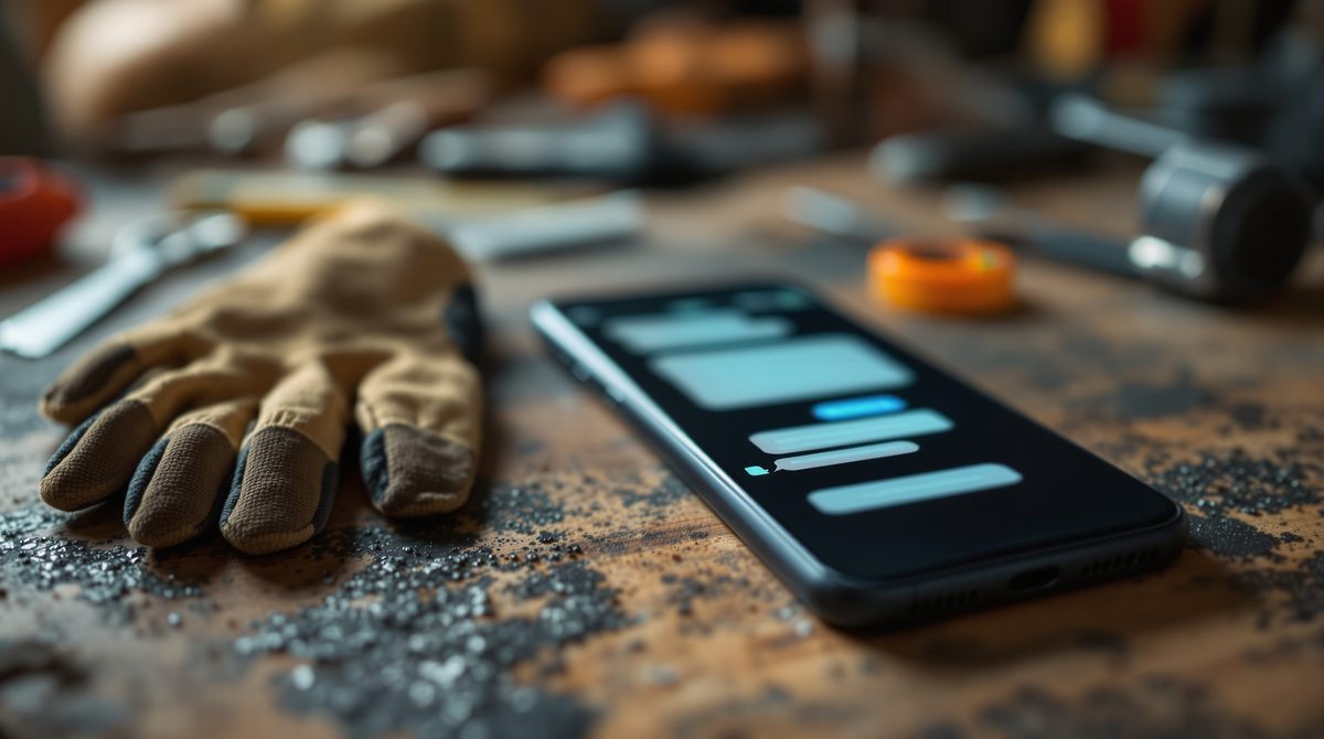 Smartphone mit Chatverlauf auf der Werkbank eines Handwerksbetriebs